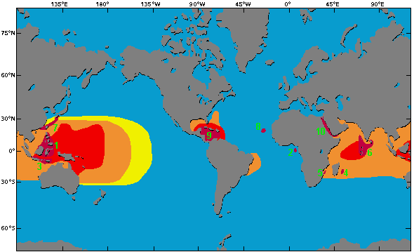 Karte mit bedrohten Riffregionen (Hotspots)